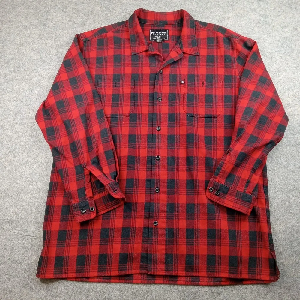 Polo Jeans Shirt Men XL Extra Large Red Company Ralph Lauren Black Buffalo Plaid